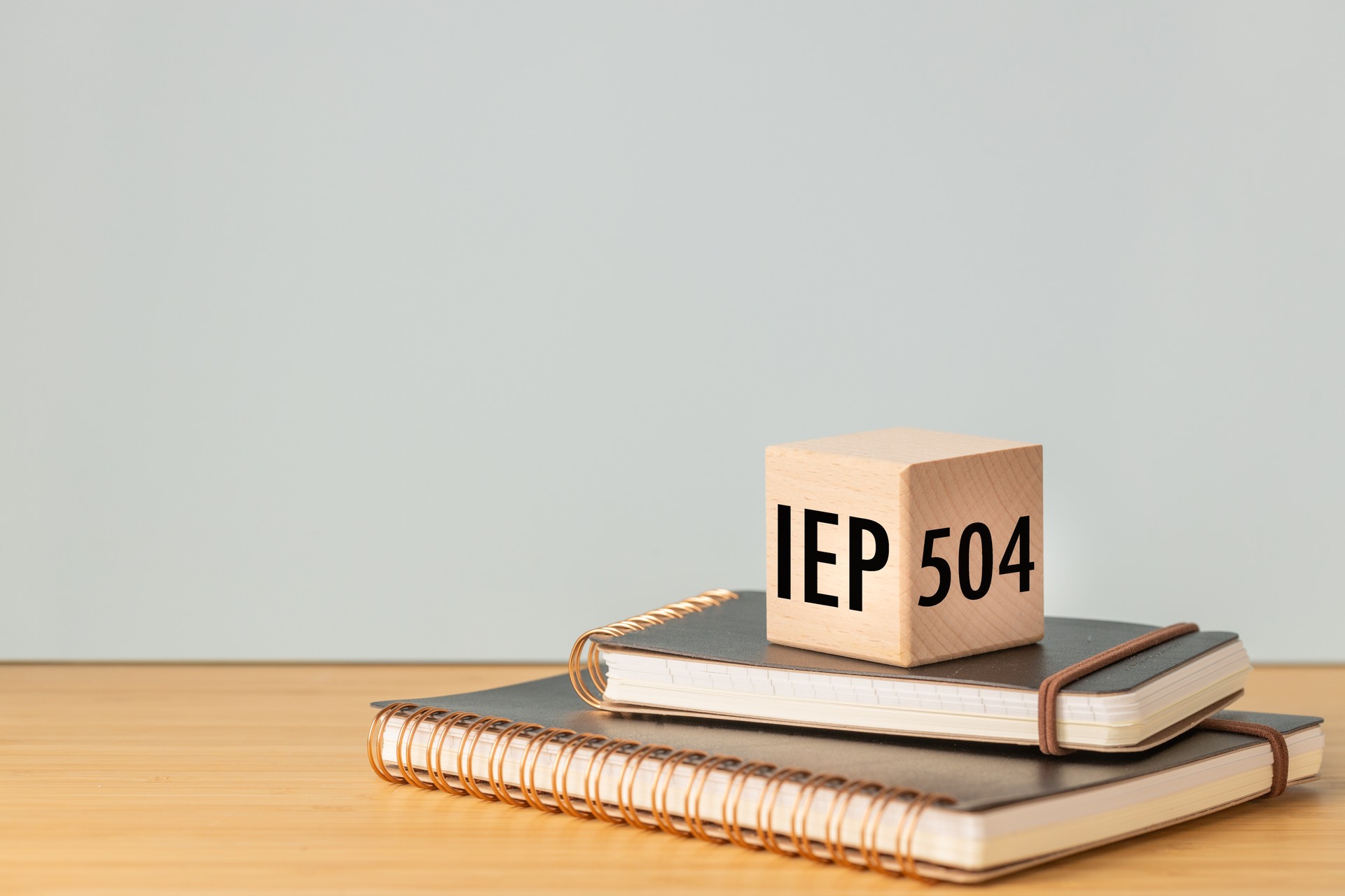 IEP Individual Education Plan Symbol. Business concept, IEP 504 program, copy space, text on a natural wooden block placed on school notebooks